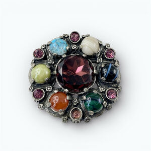 Vintage Miracle Scottish Multistone Brooch Amethyst Center Agate Glass England